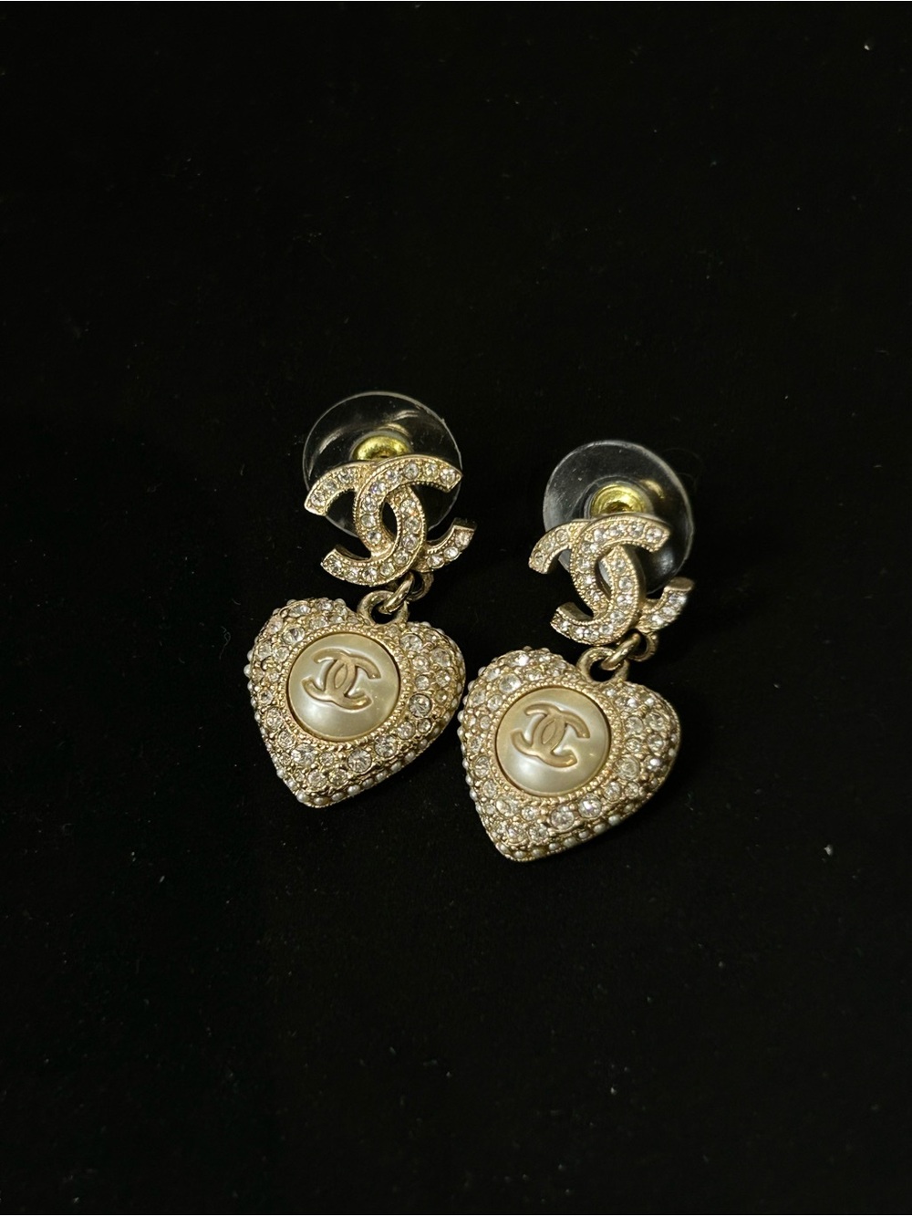CHANEL Gold and Pearl Heart Drop CC Earrings